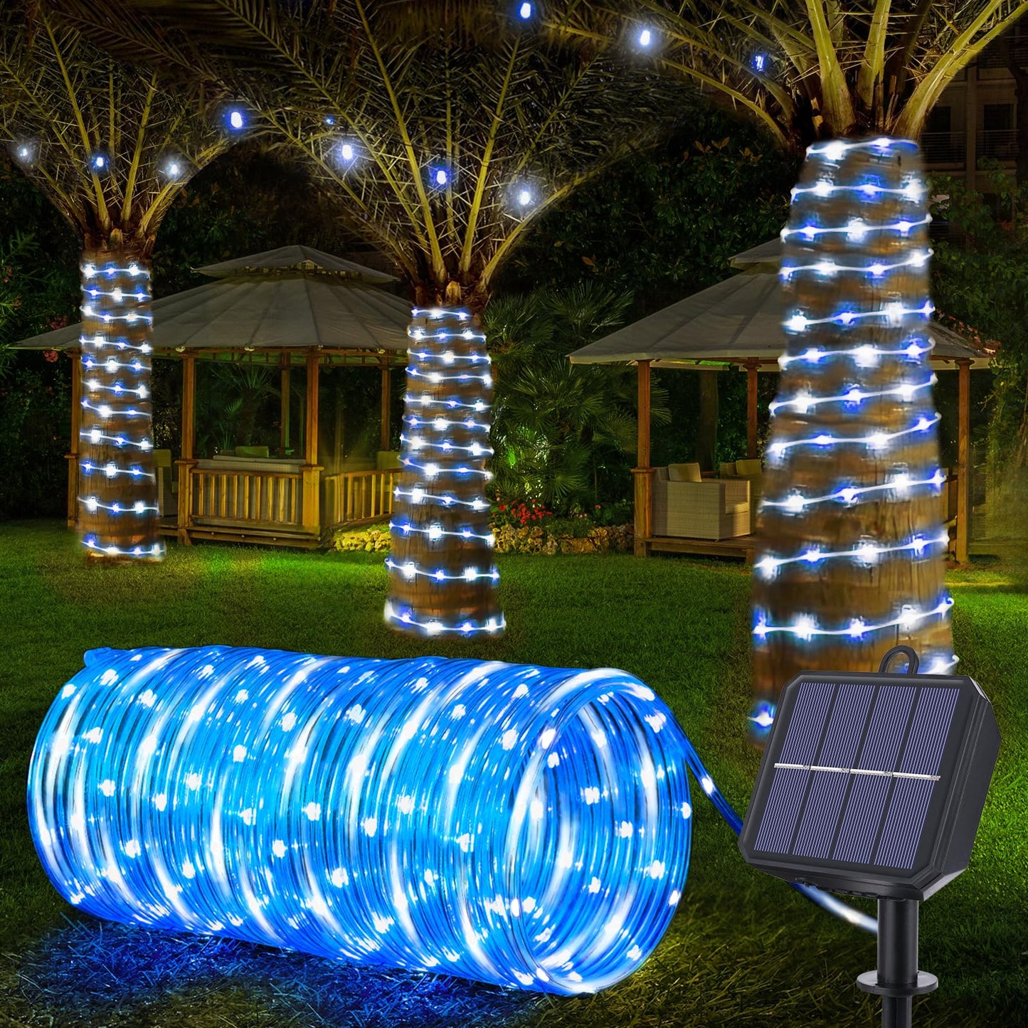 Jnaurb Solar Rope Lights, 200LED, 66ft, Waterproof, Flexible Tube Light, White & Blue for Garden, Patio, Pool, Christmas Decor