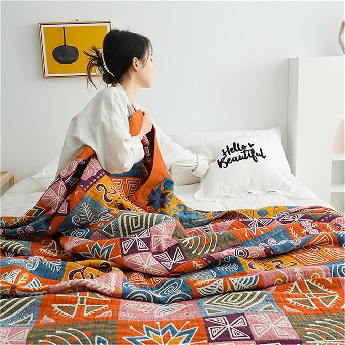 Christmas Cotton Throw Blanket for Couch Bed 60''x80'',Cotton Quilt Boho Throw Blanket Muslin Bed Travel Blanket Vintage Soft Cozy Checkered Blankets Gift for Women
