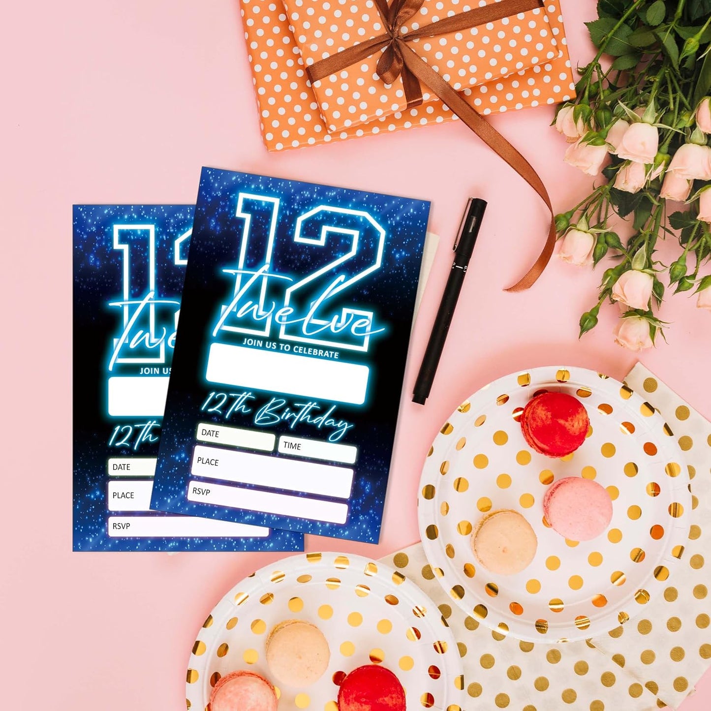 SIXEIGHT Blue 12th Birthday Party Invitations for Boys, Glow Neon Birthday Invitations, 20 Double Sided Invite Cards with Envelopes for Kids Girls, Party Decorations Supplies, 4"x6"-C12