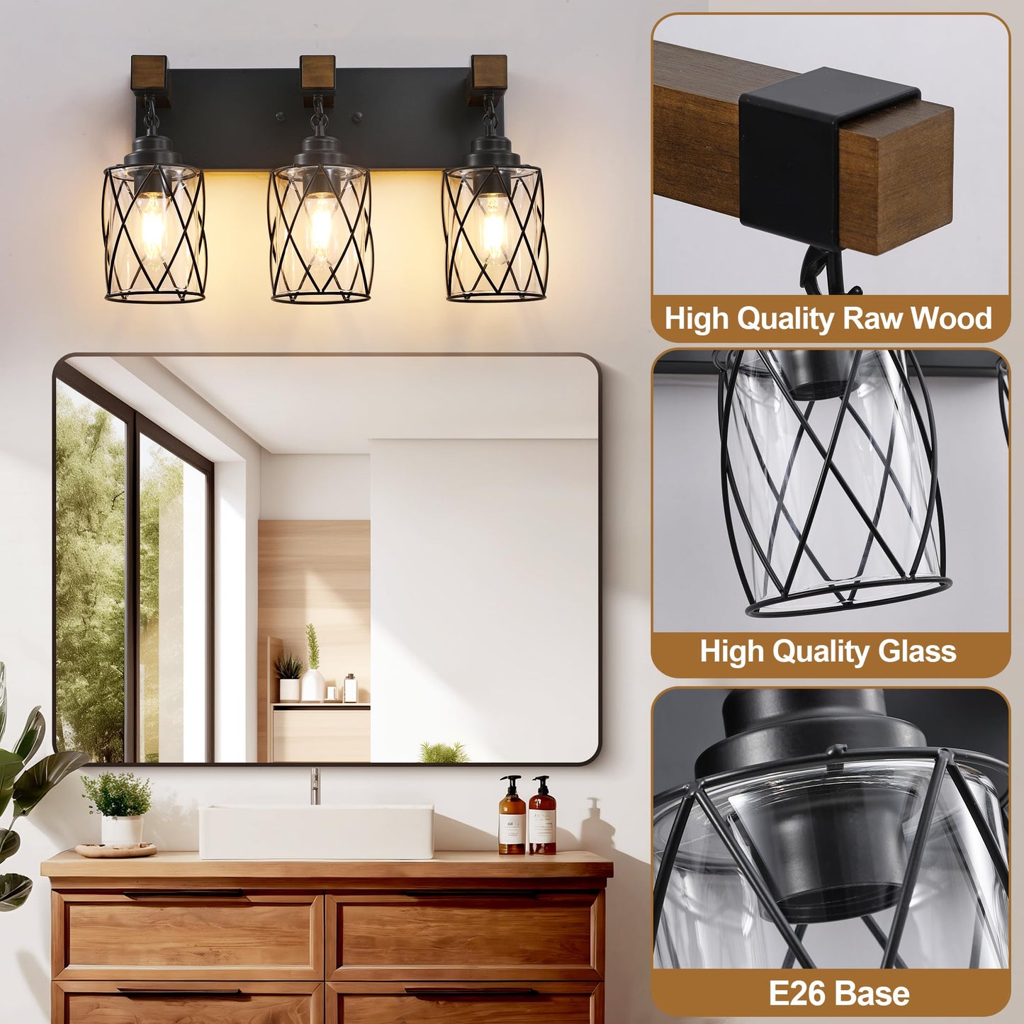 Farmhouse Bathroom Light Fixtures  3 Light Bathroom Vanity Light With Metal And Glass Lampshade  Wood Rustic Lighting Fixtures Over Mirror  Black Wall Sconces For Living Room  Bedroom