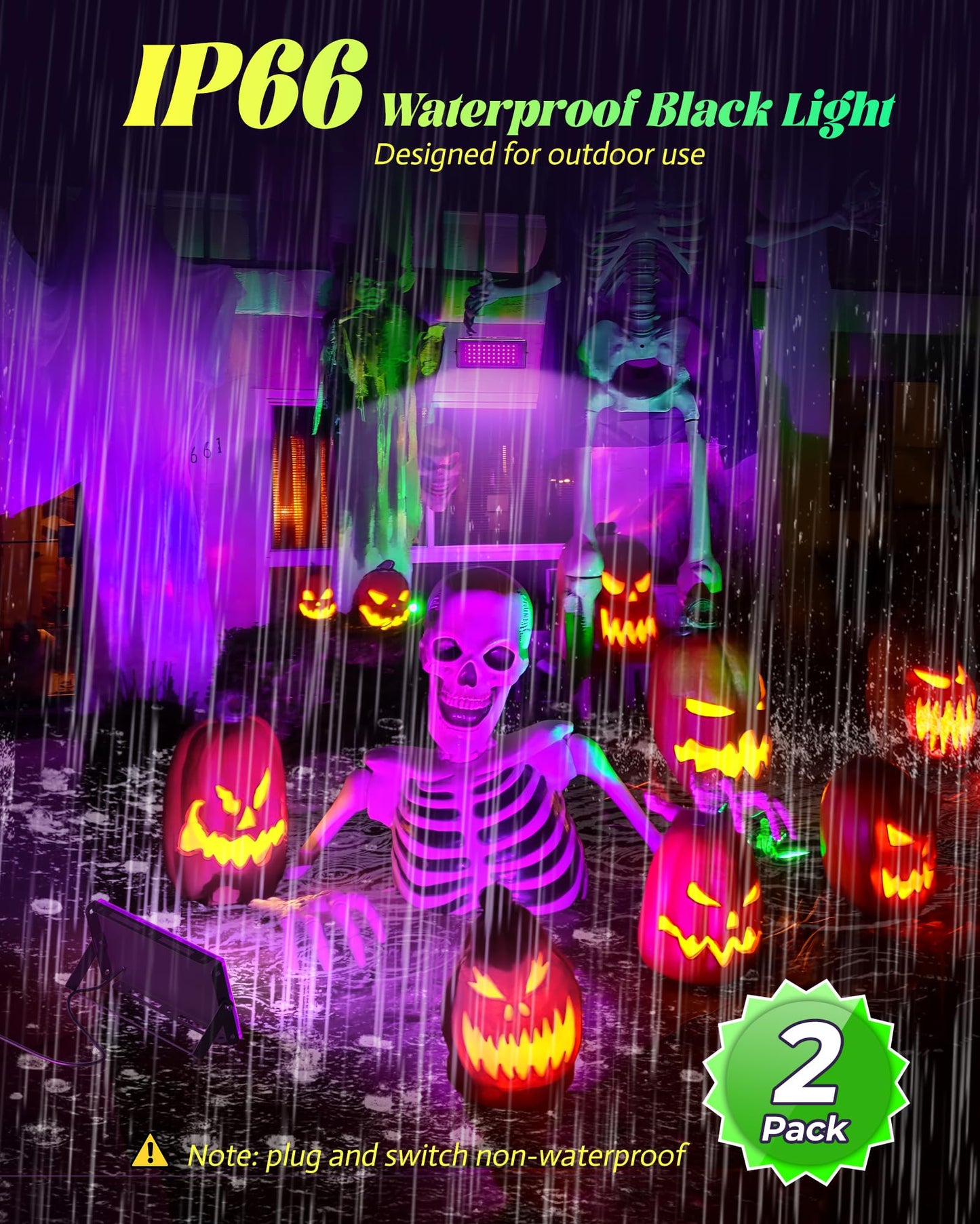 2 Pack 50W LED Black Light, Blacklight Flood Light for Glow Party IP66 Waterproof, Outdoor Black Lights with Switch&Plug for Halloween, Glow in The Dark, Neon Party, Fluorescent Poster, Birthday
