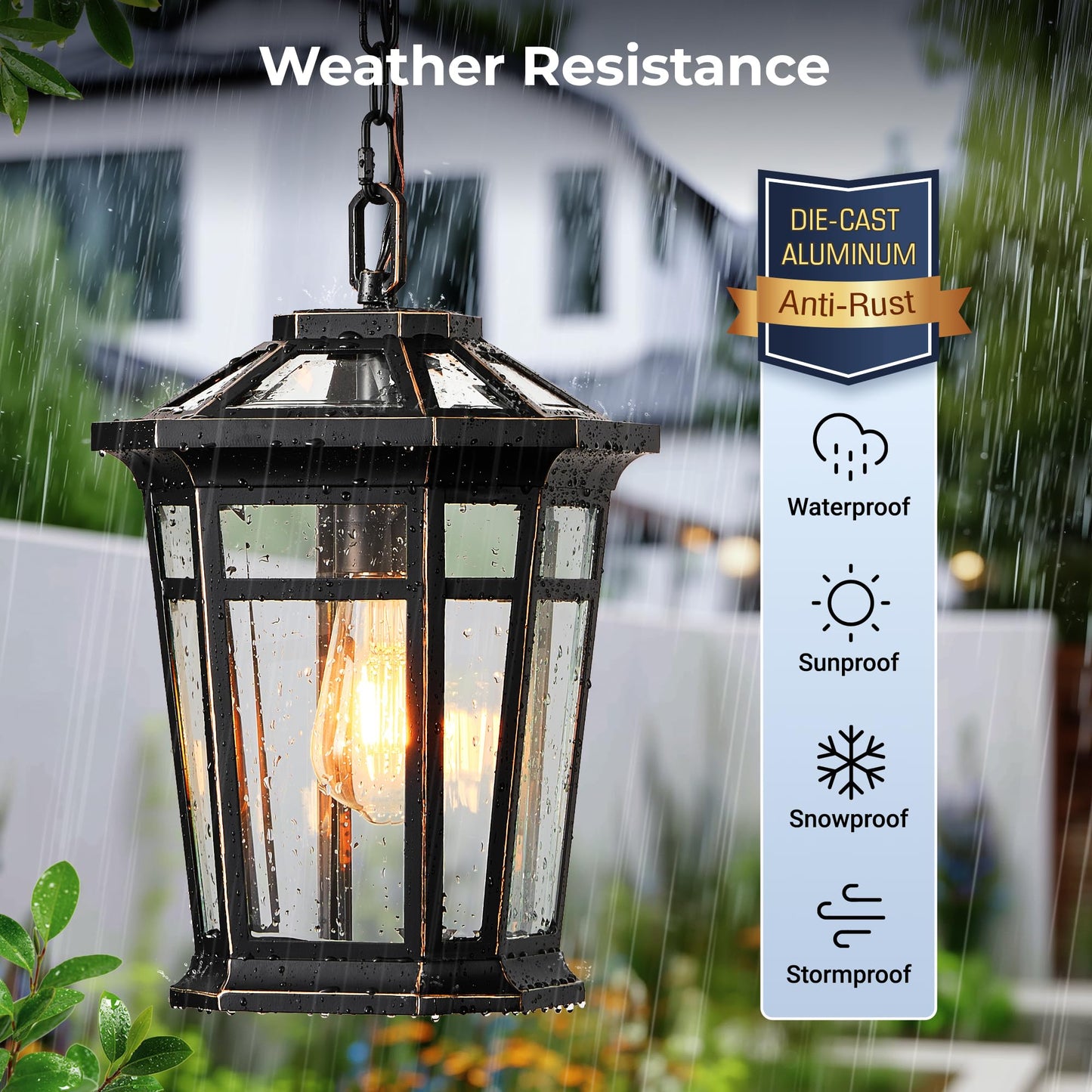 Vianis Large Outdoor Pendant Light With Adjustable Chain  Black Hanging Lights With Gold Trim  Aluminum Outdoor Chandelier For Porch With Tempered Glass  Hanging Lighting For House  Doorway  Entryway