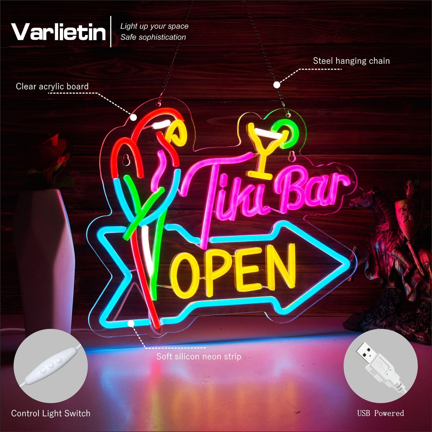 Tiki Bar Open Neon Sign For Wall Decor Parrot malt-inspired Tiki Bar Open Led Light Up Dimmable Signs Compatible With Timer For Pub Party Man Cave Room Restaurant Business Party Art Decor