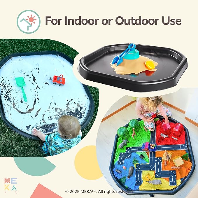 MEKA Tuff Tray with 3 Play Mats, Sensory for Kids Road, Water, Color Themes, Indoor Outdoor Use, Home or Classroom (Black, Large 38" x 38")