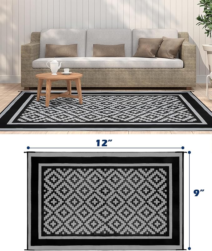 Kohree RV Outdoor Rug 9x12 Reversible, Waterproof Patio Mat with 4 Stakes & UV Fade Resistant, Non-Slip Outdoor Camping Mat for Deck, Picnic, Backyard, Includes Carry Bag (Black & Gray)