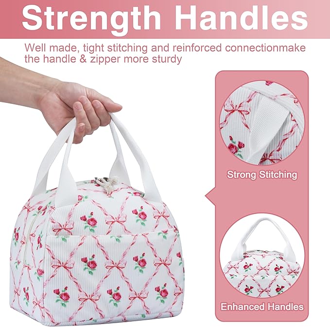 Lunch Bag - Insulated Lunch Box for Women, Reusable Large Capacity Cooler Bag for Adult, Small Leakproof Cute Corduroy Lunch Tote for Work Office Travel Picnic (Pink Bow Flower)