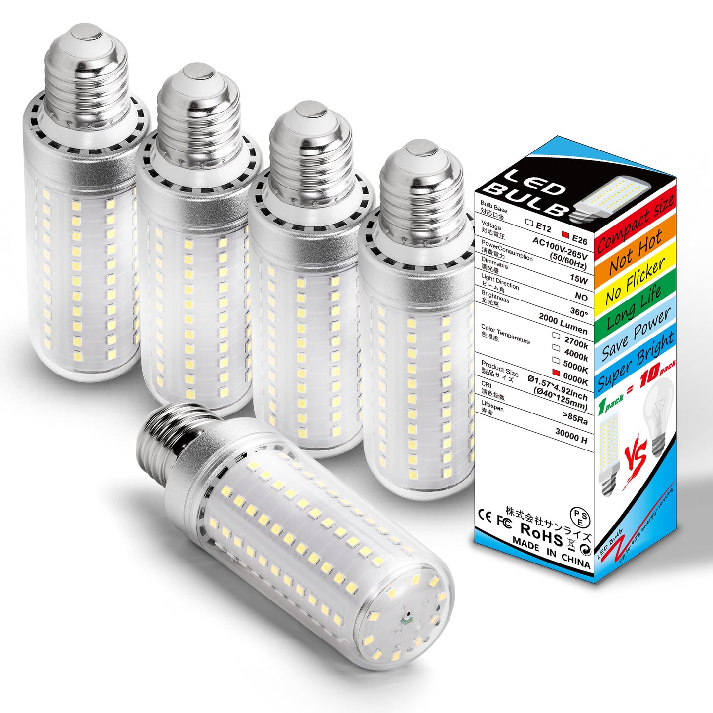 Big 1.57X 4.92Inch  E26 Led Corn Light Bulb 150W Equivalent 2200 Lm 6000K Cool Daylight Bright 15W E27 Medium Base Non-Dimmable Candelabra Ceiling Fan Corn Lighting For Home Garage Warehouse 5Pack