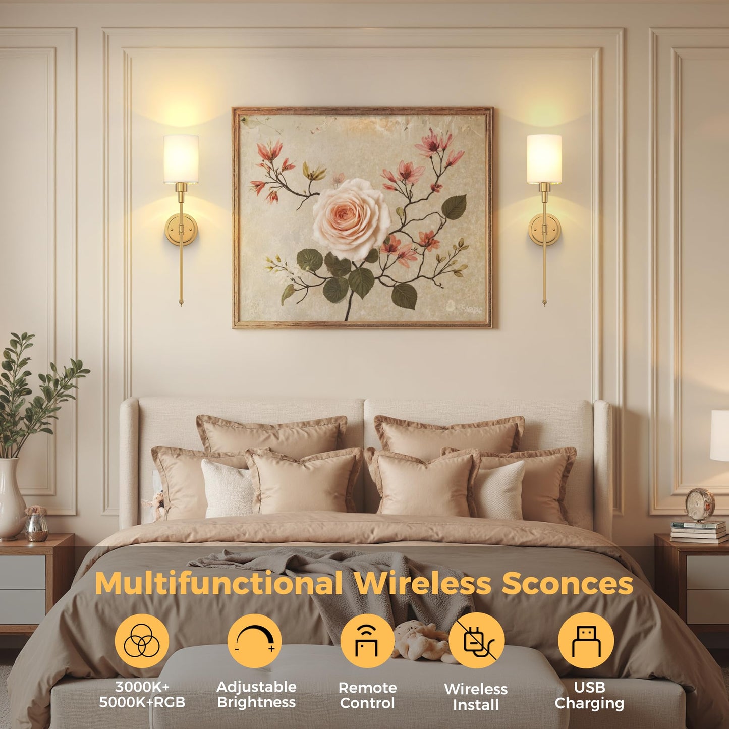 DORESshop Wall Sconce Set of 2, Wireless Battery Operated, Metal, 24.3in, Gold