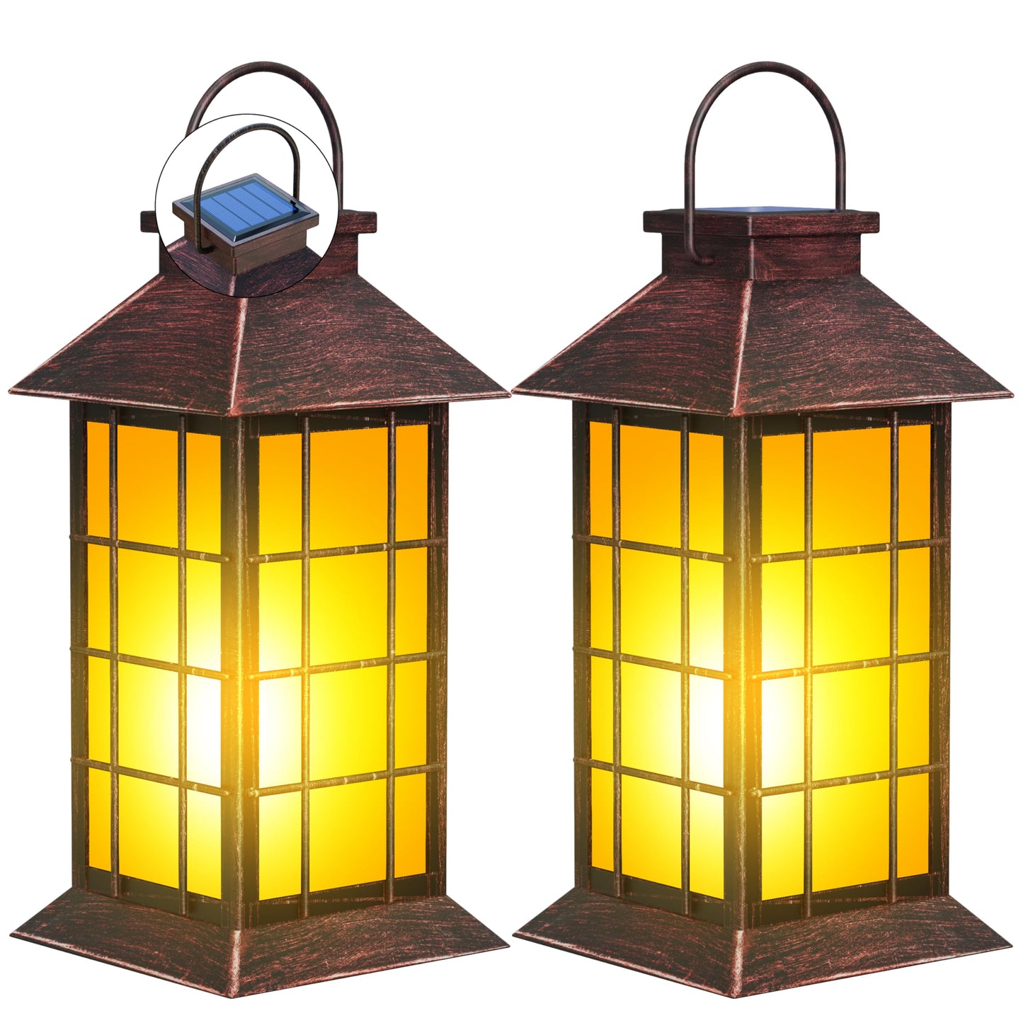 Anyperfect 2 Pack 13 Copper Solar Lantern With Flickering Flame Candle | Outdoor Waterproof Hanging Solar Lanterns  Metal & Glass Lights For Garden Decoration  Rustic Gifts For Mom