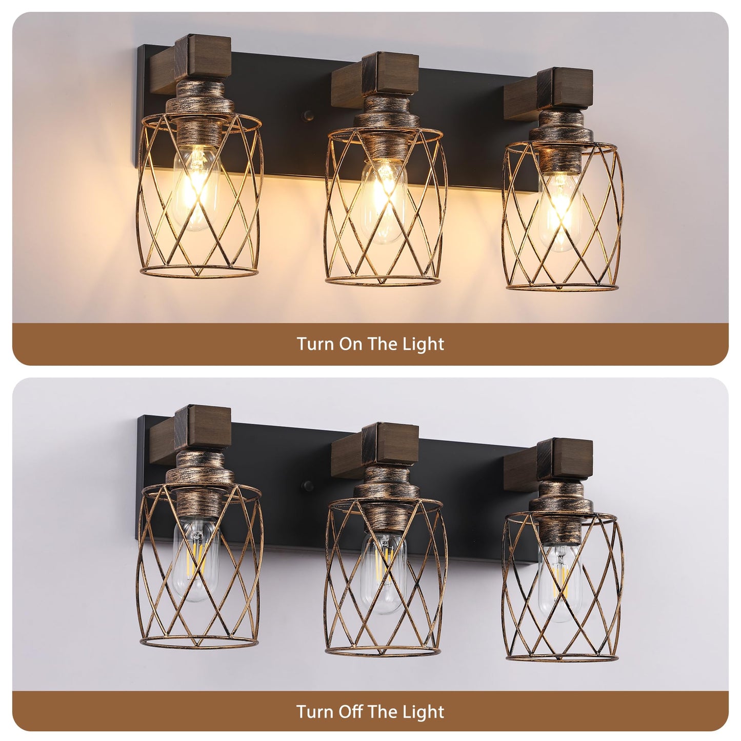 Farmhouse Bathroom Vanity Light  3-Light Wood Bathroom Light Fixtures Over Mirror  Black And Gold Industrial Vanity Lights With Metal Shade  Rustic Bathrooms Lighting For Living Room Bedroom Hallway
