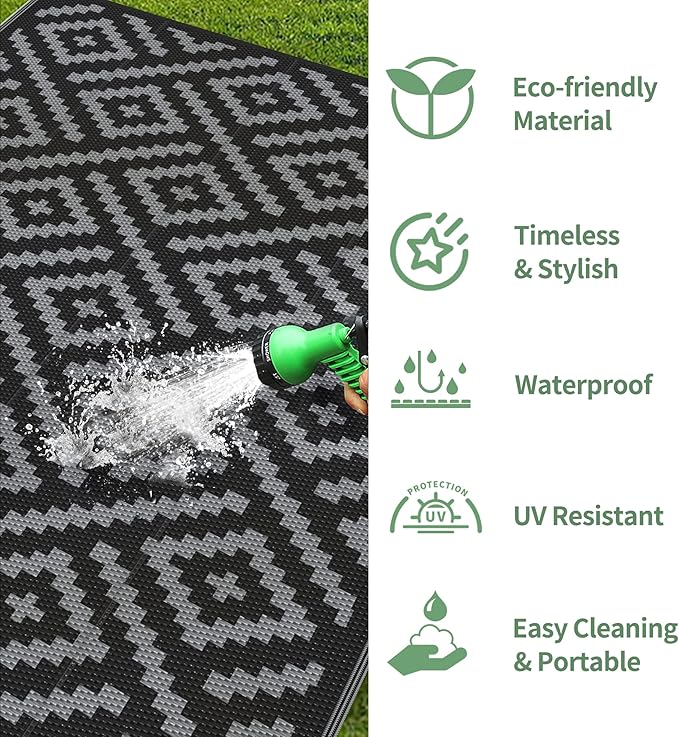 GENIMO Outdoor Rug for Patio Clearance,6'x9' Waterproof Mat,Reversible Plastic Camping Rugs,Rv,Porch,Deck,Camper,Balcony,Backyard,Black & Gray