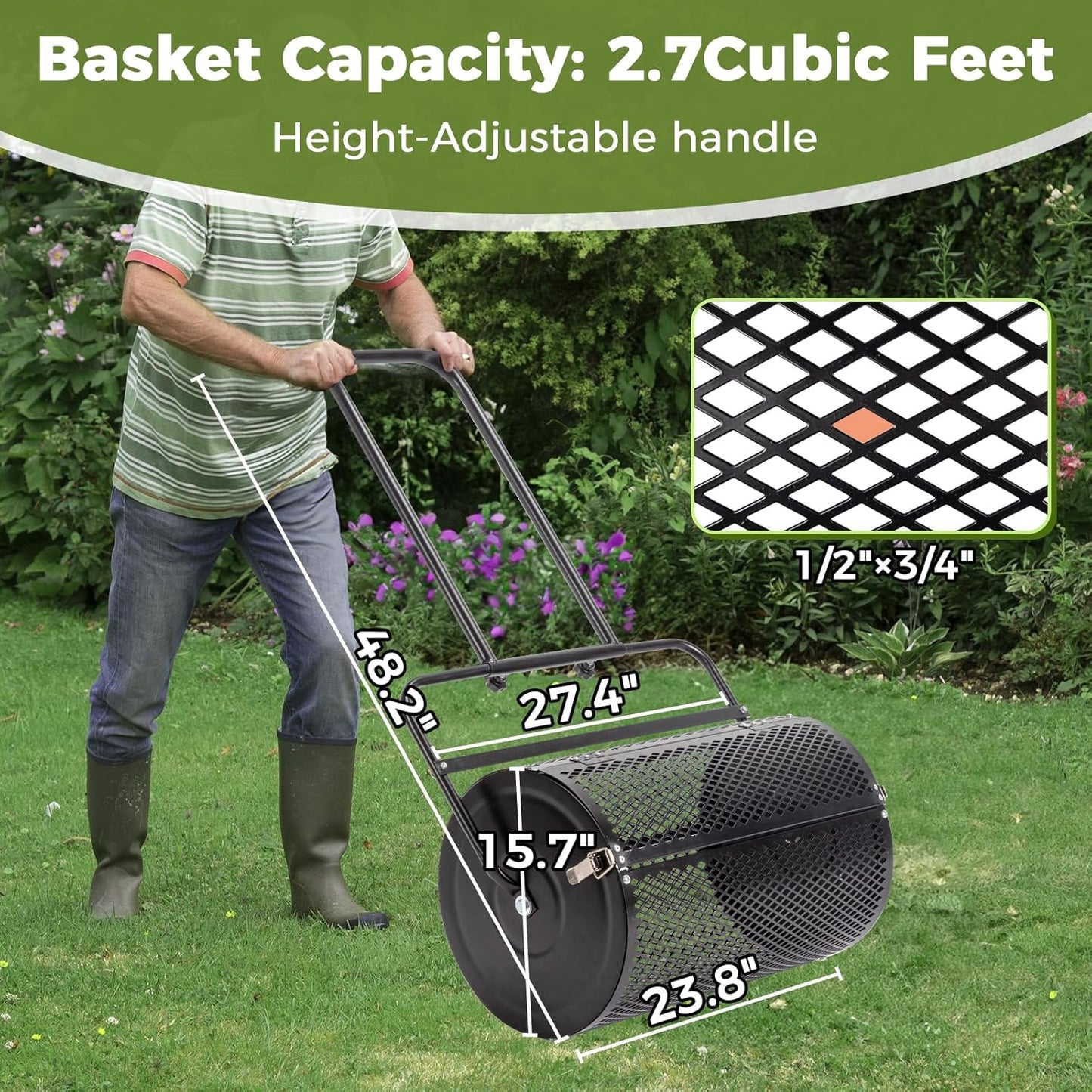 Outvita Compost Spreader and Peat Moss Spreader, 24" Push/Tow-Behind Roller Lawn Spreader with Steel Mesh Basket Garden Spreader for Spreading Manure Mulch Topsoil
