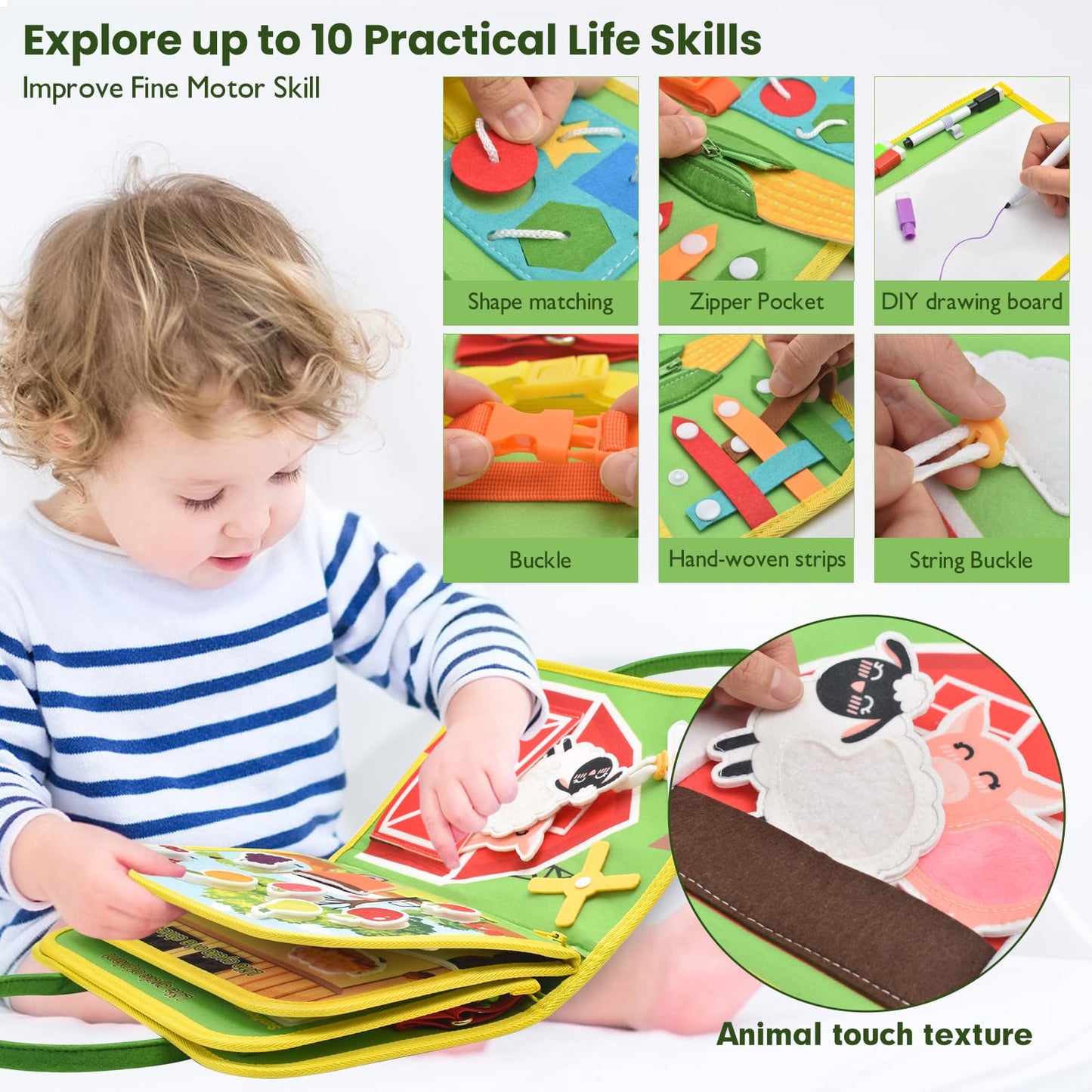 Silouka Toddler Busy Board Montessori Toys, Sensory Board Busy Book for Toddlers 1-3 Birthday Gifts - Preschool Learning Life Skills, Farm Green, 8 Pages