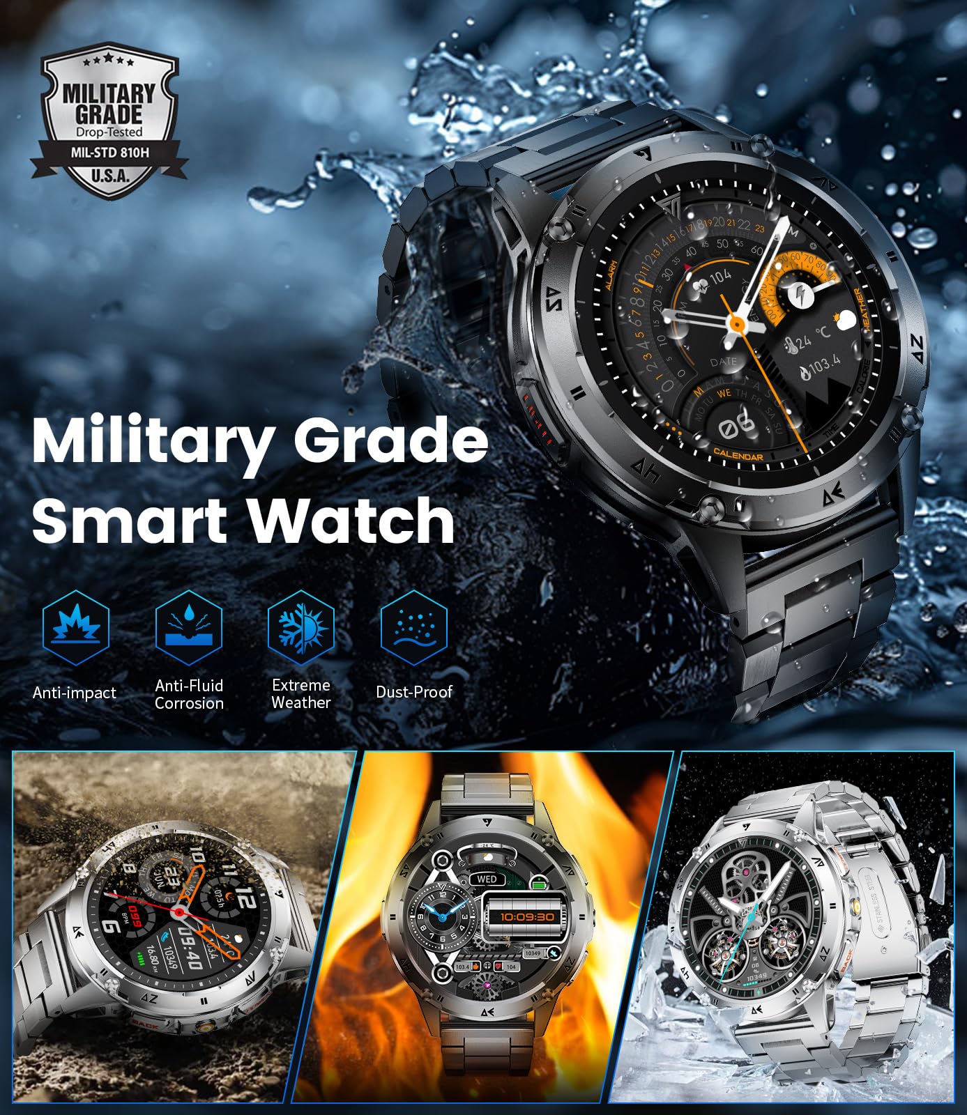 Military Smart Watches for Men ,530mAh Large Battery,1.43"AMOLED Heart Rate/SpO2/Sleep Monitor 5ATM Waterproof Smartwatch for Android iOS (Answer/Make Calls),Fitness Tracker with LED Flashlight
