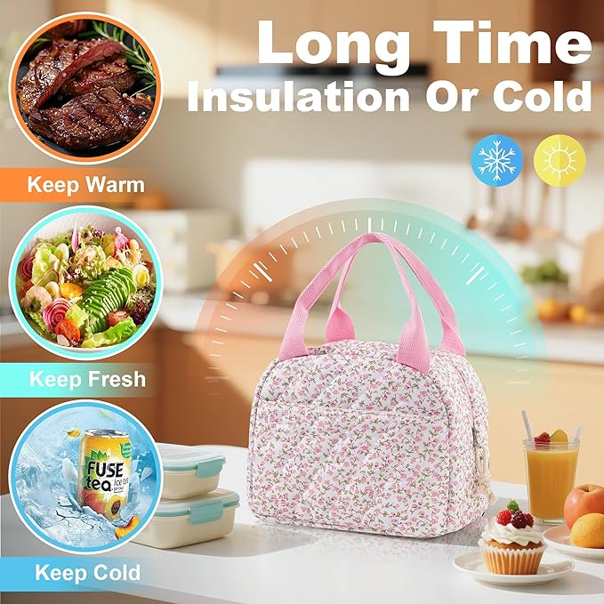 Lunch Bag for Women Insulated Lunch Box Reusable Cooler Bag Portable Cute Floral Quilted Cotton Bag Leakproof Tote Bags for Travel, Work, and Picnic