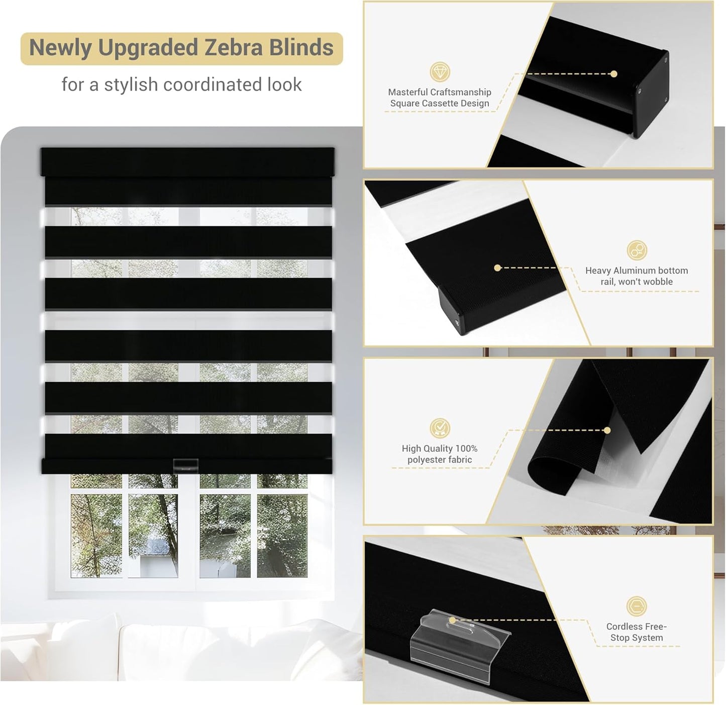 Cordless Zebra Blinds for Windows, Blackout Interior Blinds,Easy to Install,UV Protection,for Offices and Home,Custom Roller Shades, Solid Black, 19" W x 88" H