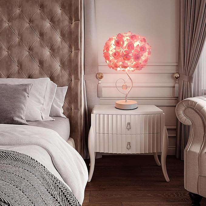 Pink Rose Flower Bedside lamp Princess Table lamp Flower Lamp for Nightstand Desk Light for Bedroom Women Girl Dating Gifts Party Wedding Decor Living Room Restaurant Office