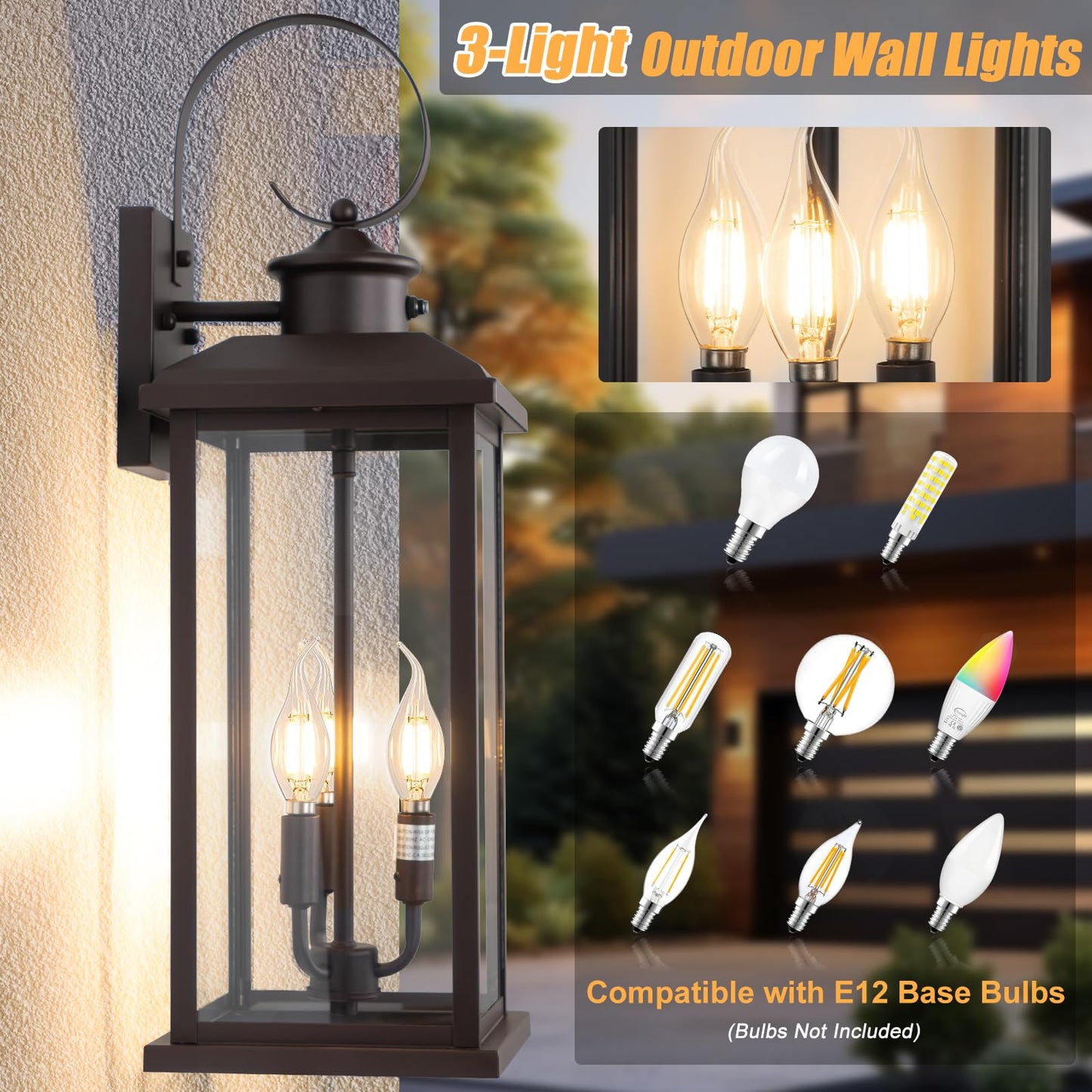 Siafavoi 2Pack Dusk To Dawn Outdoor Wall Light Fixture  24In Bronze Large 3-Light Modern Porch Lantern  Waterproof Exterior Lighting Sconce Wall Mount  Outside Lamp For House Garage Patio E12 Base