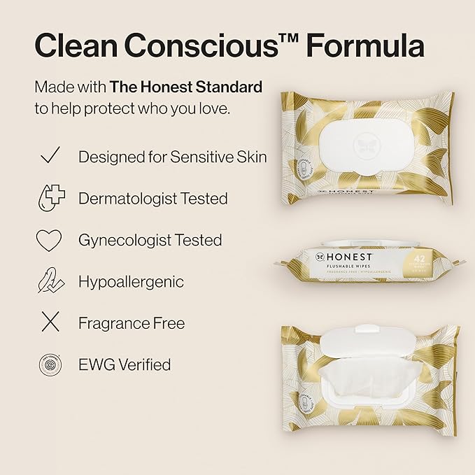 The Honest Company Flushable Wipes for Sensitive Skin, Fragrance-Free Hypoallergenic pH-Balanced Feminine Wipes, 99% Water Safe-to-Flush Wipes, Gilded Wings, 126 Count
