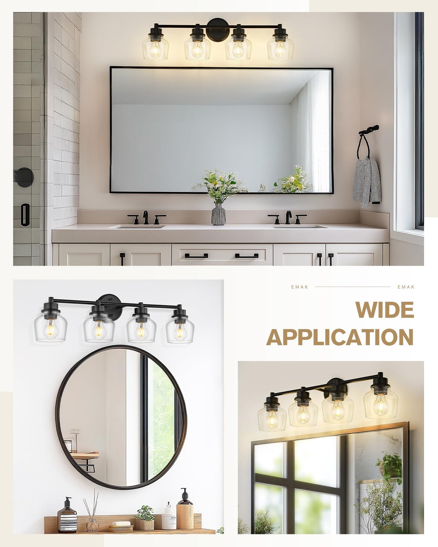 Emak 4-Light Bathroom Vanity Light, 29 Inch Black Bathroom Light Fixtures Over Mirror with Clear Glass Shade, Modern Farmhouse Vanity Lights for Mirror, Bath, VL122-BK-CG-4