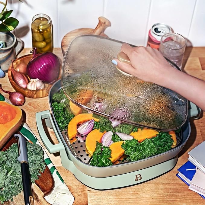 Beautiful 5-in-1 Electric Skillet 7QT, Cast Aluminum Extender, Nonstick, 1500W, Dishwasher-Safe Lid, Slow Cook, Steam (Sage Green)