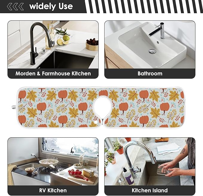 Fall Pumpkin Faucet Sink Mat for Kitchen 2 Pack Autumn Maple Leaves Sunflower Berry Bathroom Drying Mat Absorbent Splash Water Catcher Mats Microfiber Cloth Drip Protector Splash Pad 30x5 Inches