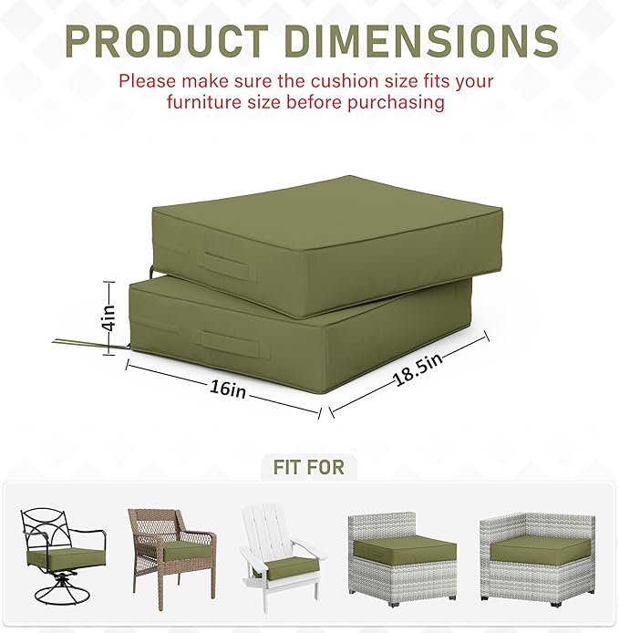 Patio Chair Cushions 18.5 X 16 X 4 Inch Waterproof Outdoor Seat Cushions for Patio Furniture, Outdoor Sofa Couch Pads with Ties & Handle, Set of 2, Light Green