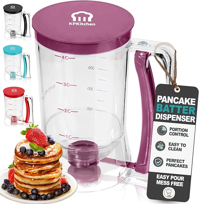 KPKitchen Pancake Batter Dispenser - Kitchen Must Have Tool for Perfect Pancakes, Cupcake, Waffle, Muffin Mix - White Elephant Gifts for Adults - Pancake Griddle Maker with Measuring Label (Purple)
