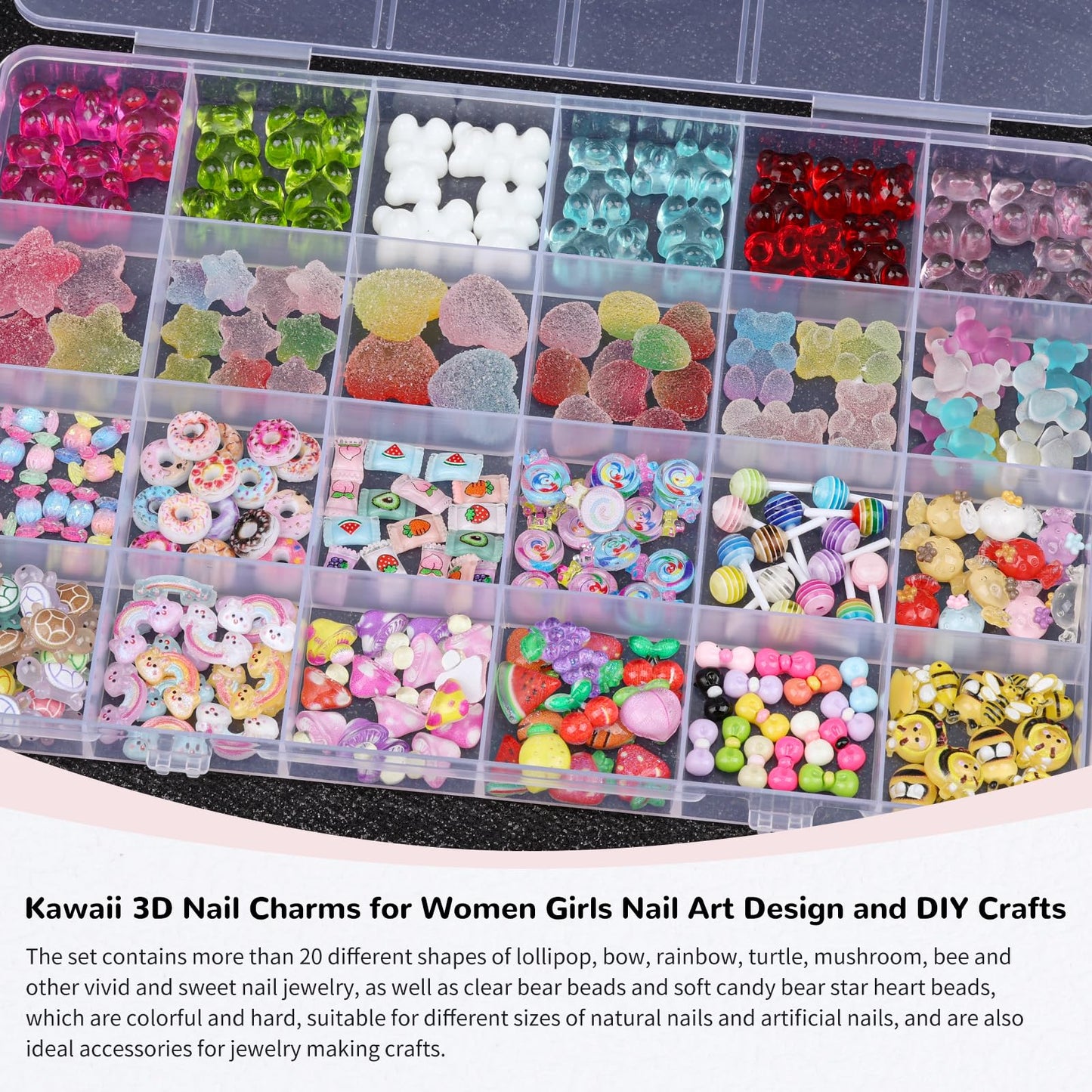 230 Pcs Kawaii Nail Charms Mixed Clear Gummy Bear Beads and Heart Star Flatback Resin Charms, Cute 3D Sugar Bee Bow Slime Charms