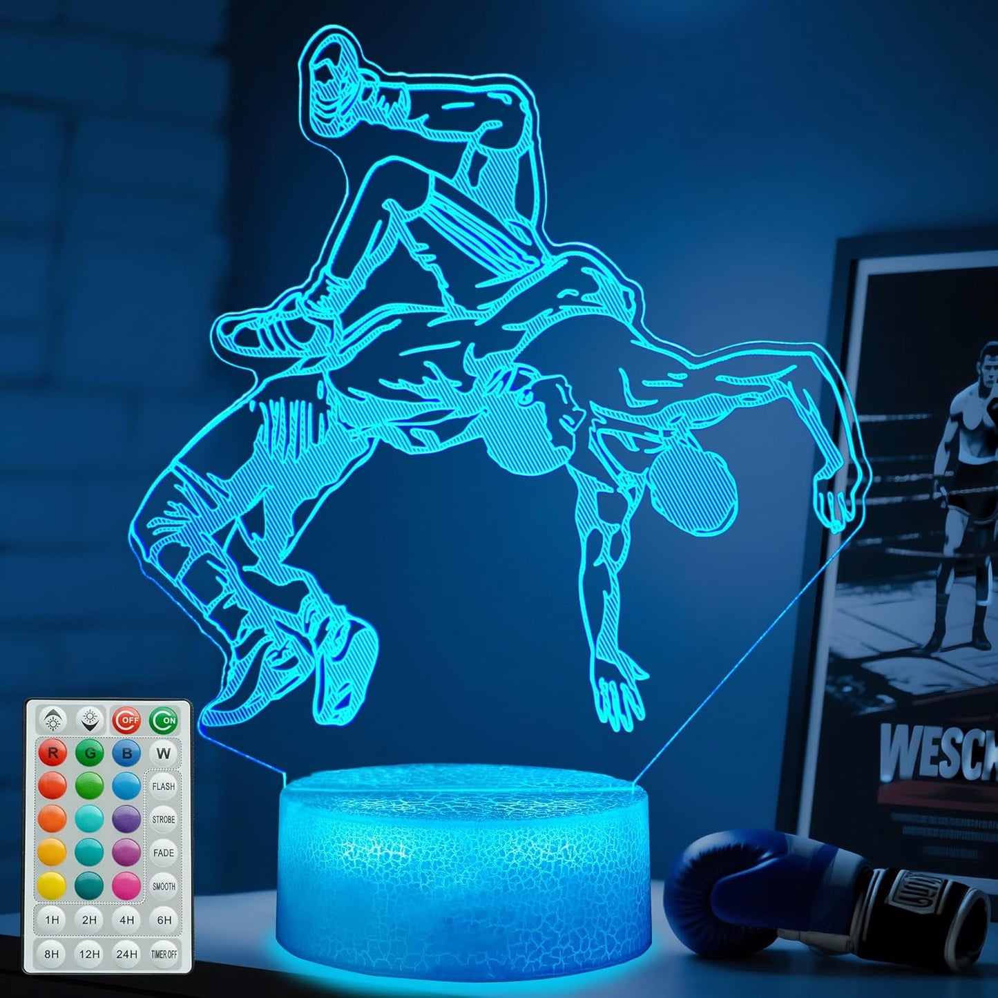 Wrestling Night Light, Wrestler Gifts, Wrestler 3D Illusion Lamp with 16 Colors Changing, Remote Control and Dimmable, Kids Boys Girls Room Decoration, Holiday Xmas Gifts
