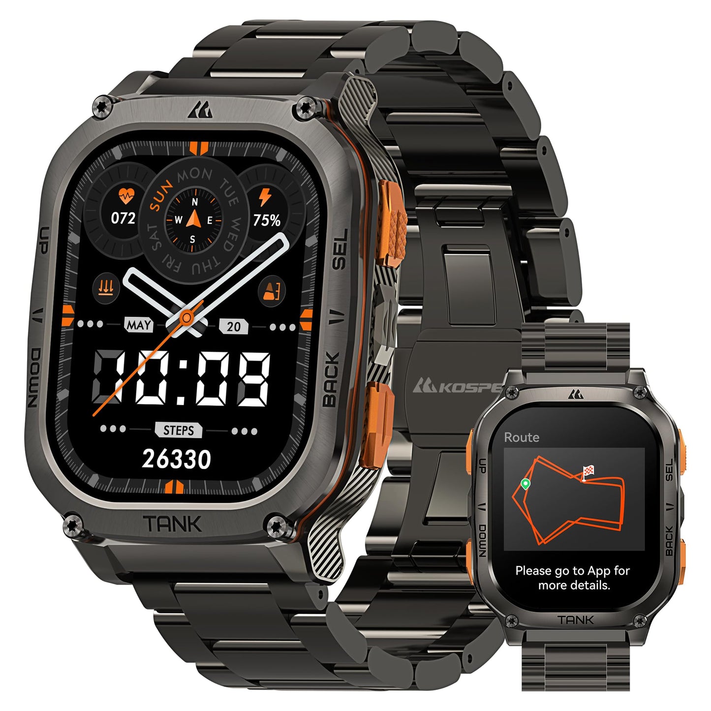 KOSPET Tank M3 Ultra GPS Smart Watch, 50M Waterproof, Compass, Altitude, Air Pressure, 480mAh Large Battery, Stainless Steel, Bluetooth Call, 1.96'' AMOLED Always-on Display, AI Voice, Metal Band