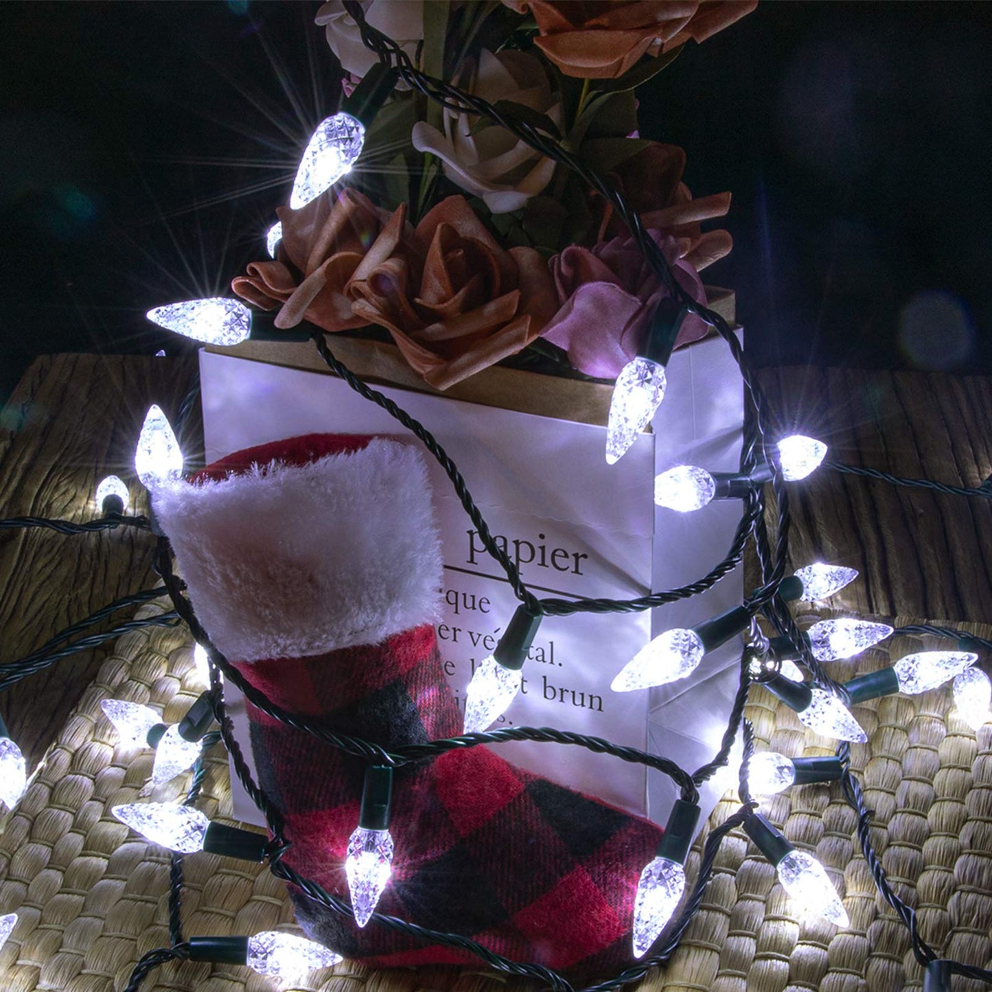 AWQ 100LED C6 Christmas String Lights, 33 FT, Waterproof, 8 Modes, Timer, White, Model JT-EL/FC300V0300