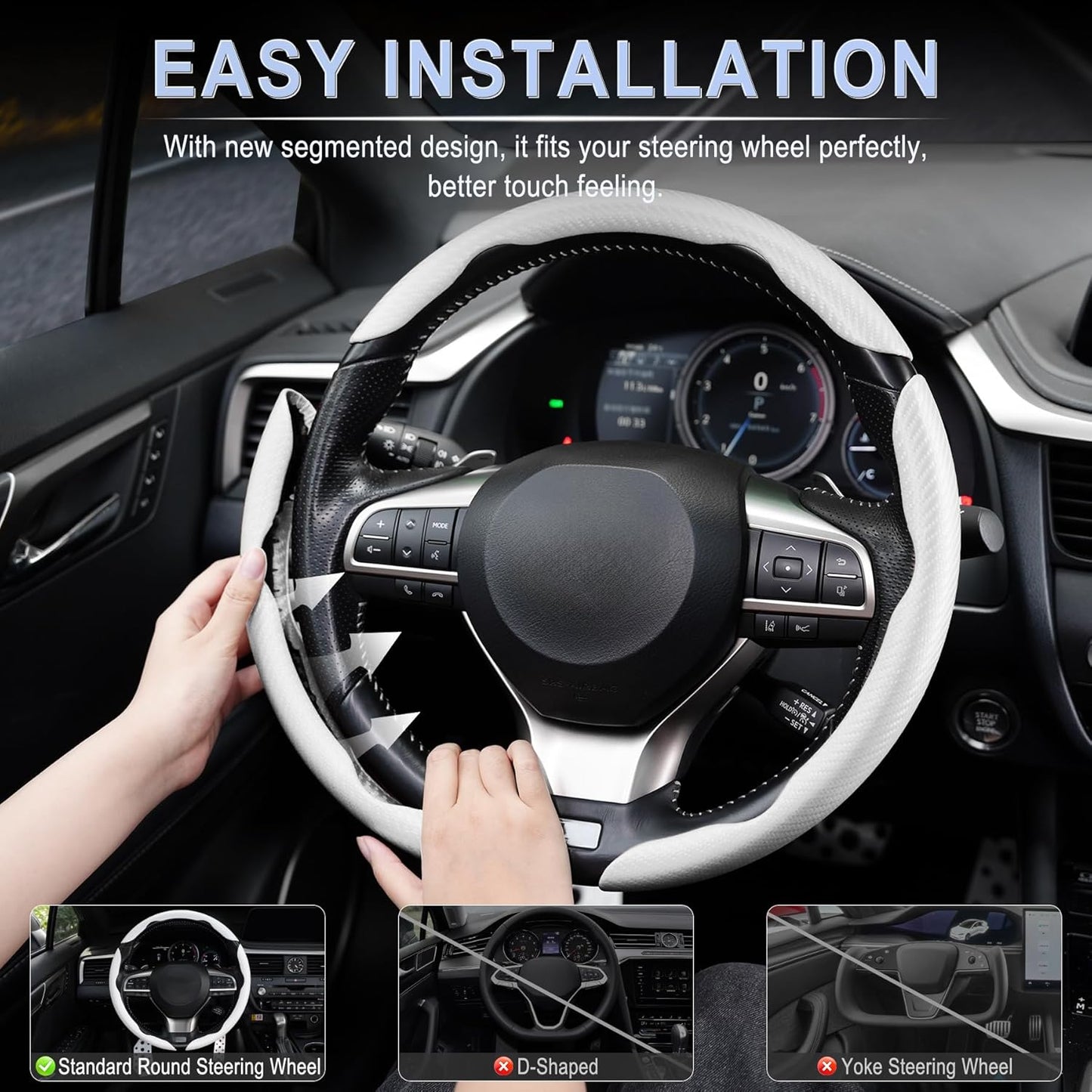 Amiss 3pcs Carbon Fiber Anti-Skid Steering Wheel Cover, Segmented & Butterfly Design, Universal 99% Car Wheel Cover Protector, White