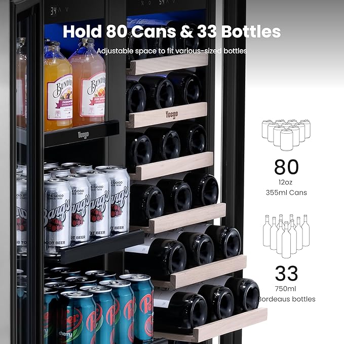 Yeego Wine and Beverage Refrigerator, 30" Dual Zone Upgraded Wine Beverage Cooler Built-In or Freestanding Wine Fridge with Glass French Door,Large Capacity Beer Fridge Holds 80 Can & 33 Bottle