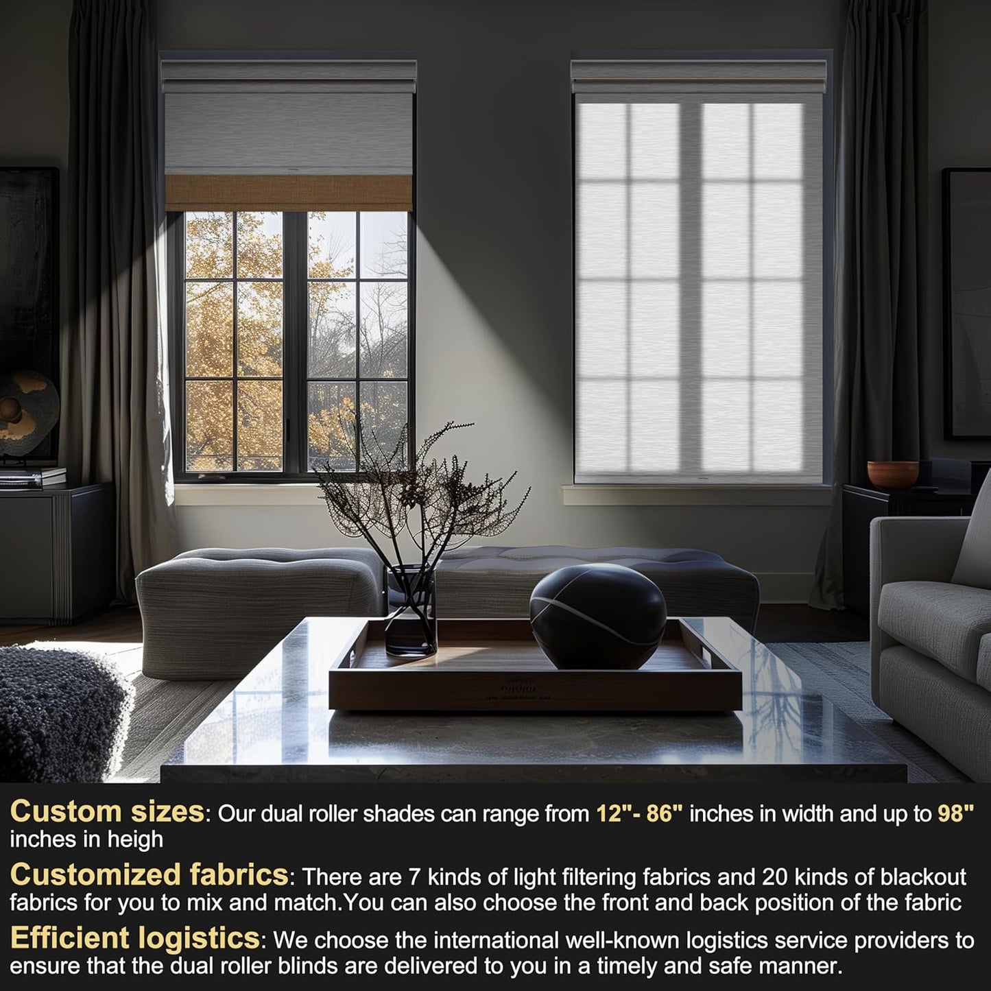 BERISSA Cordless Dual Roller Shades with Cassette Valance,Double Window Shades Blackout and Light Filtering Shades,Day and Night Roller Shades for Home Office Door.Linen Beige and White.23 W x 64" H