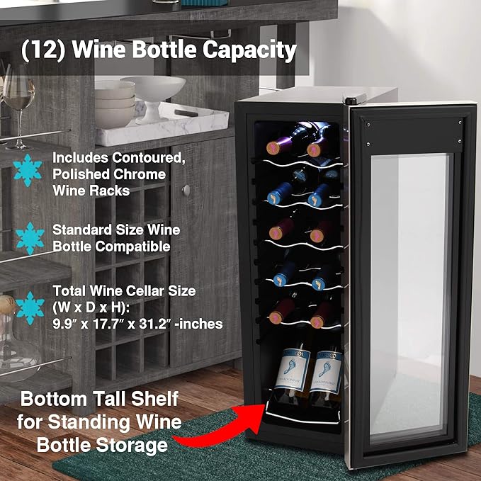 Nutrichef 12 Bottle Stainless Steel Slim Wine Fridge | Red & White Wine Chiller | Adjustable Temperature Control, Ultra Quiet Operation & Energy Efficient | Mini Wine Cooler Refrigerator | 31x10x17 IN