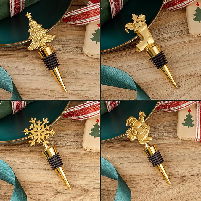 4 Pack Christmas Wine Stoppers, Alloy Xmas Wine Bottle Stoppers for Keeping Wine Fresh, Wine Accessories Gift for Hostess, Christmas Bottle Corkers, Winter Decor Bottle Stopper, Holiday Party Supplies