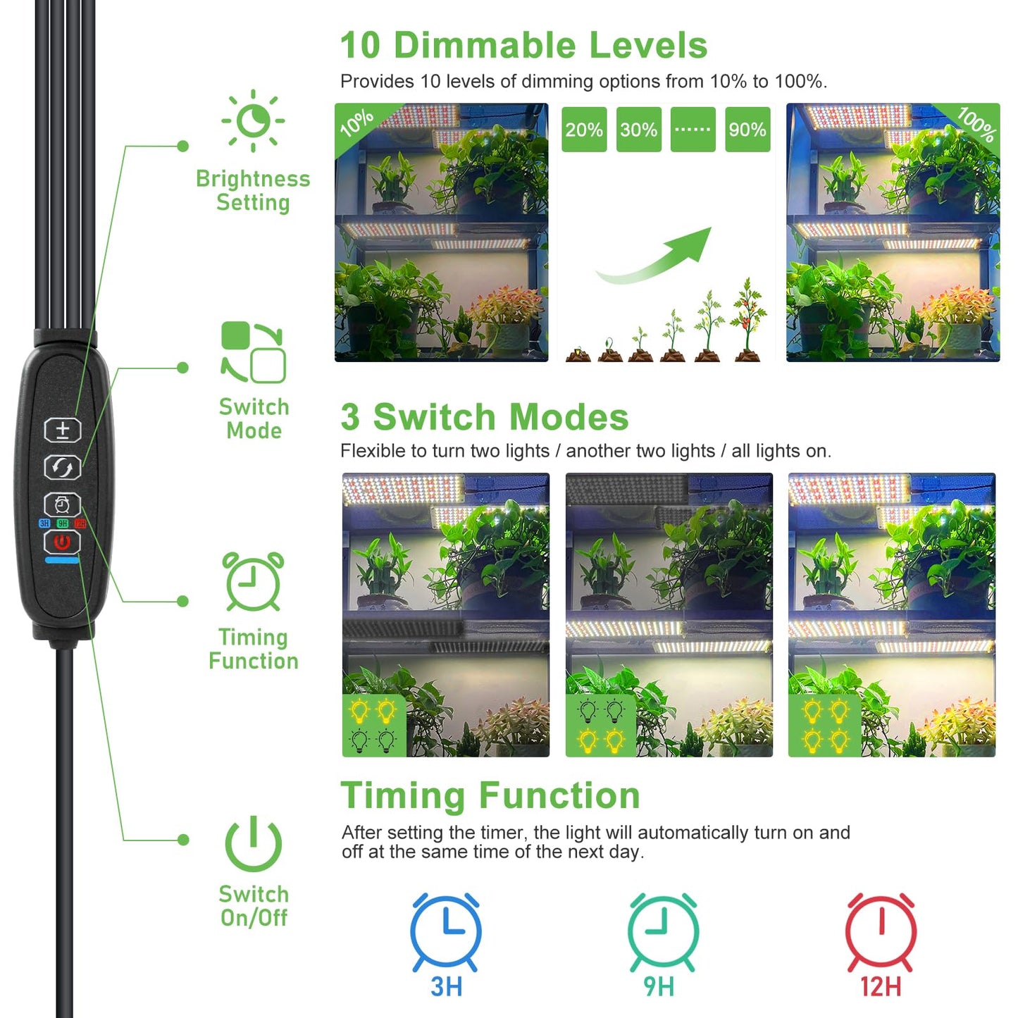 YFFLO Grow Lights for Indoor Plants, Full Spectrum, 644 LEDs, 10 Dimmable Levels, Auto On/Off Timing, 4PCS, Aluminum, Model ZWDYF01