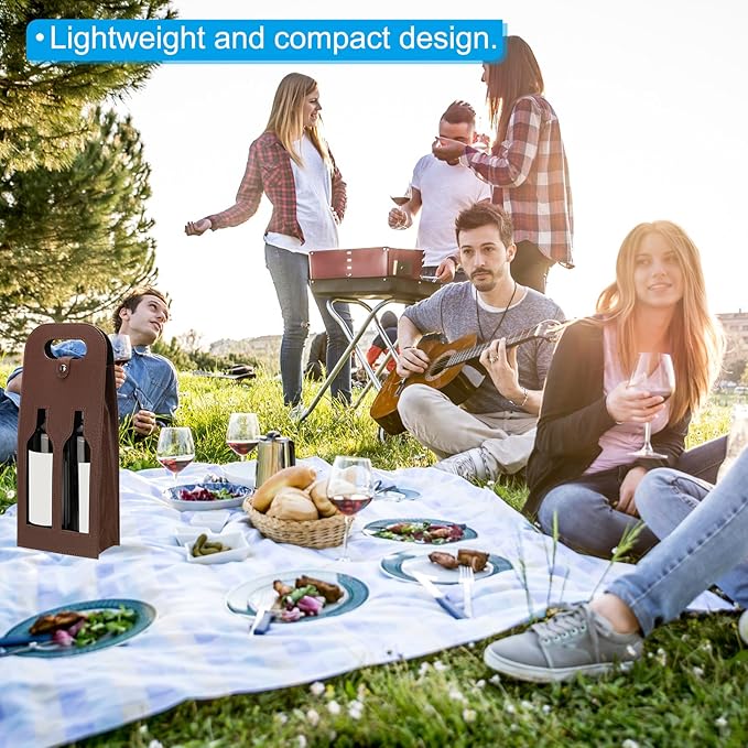PATIKIL 2 Bottle Wine Gift Bag, 2 Pack Wine Bag Reusable Leather Wine Tote Carrier for Wine Bottles Portable Champagne Gift Bags for Picnic Party Wedding, Brown-2