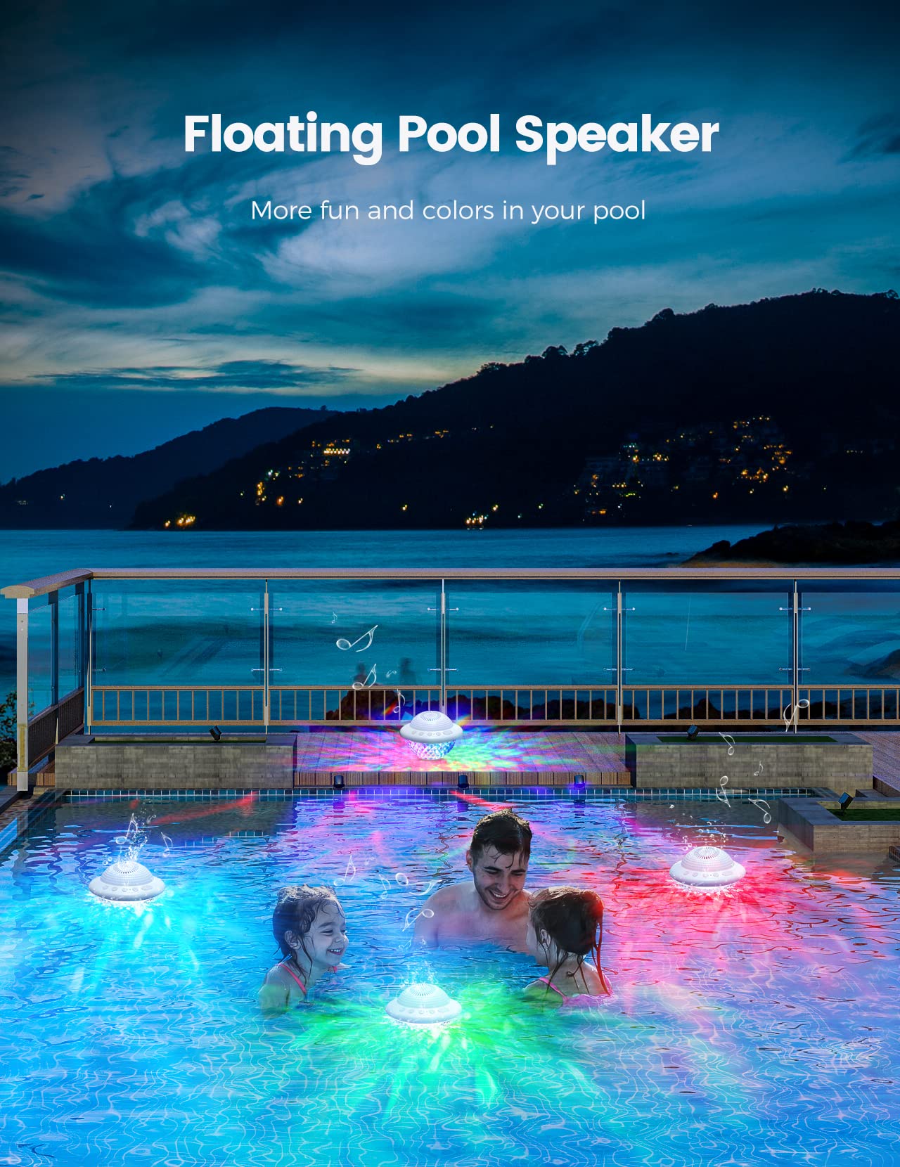 Floating Pool Speakers With Colorful Led Lights, Ipx7 Waterproof Hot Tub Bluetooth Speaker, 10W Stereo Loud Sound, Built-In Mic,