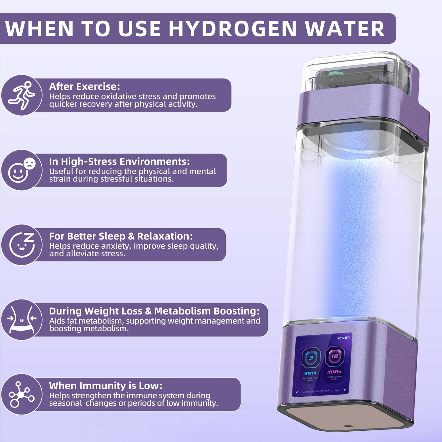 Hydrogen Water Bottle Generator, Up to 9000ppb, Portable Hydrogen Bottle with Smart Touchscreen, SPE/PEM Technology for Home Office Outdoors Drinking, 350ml
