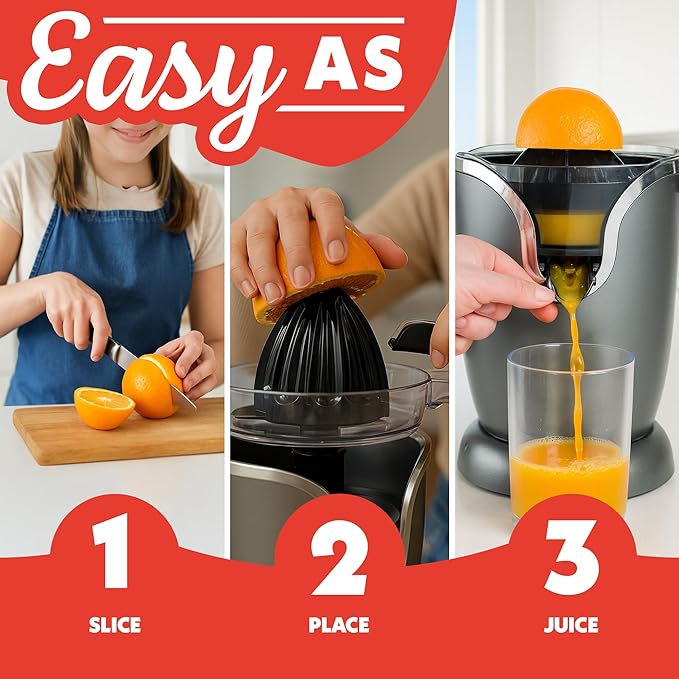 Gourmia Hands Automatic Citrus Juicer with One-Touch Operation - Universal Cone, Anti-Drip Spout, Dishwasher Safe Accessories, Compact, Quiet 60W Motor