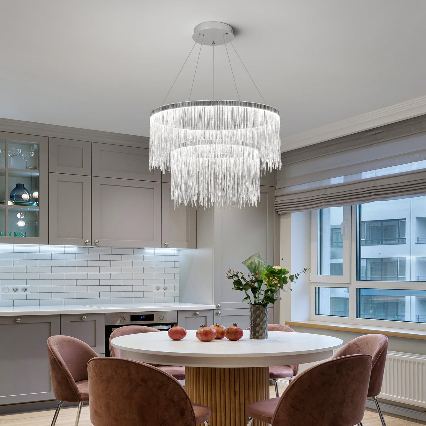 Puvaue Aluminum Ring Chandelier, LED Hanging Light Fixture, D23.6 Inch, Silver, Remote Control for Dining Room, Living Room, Bedroom