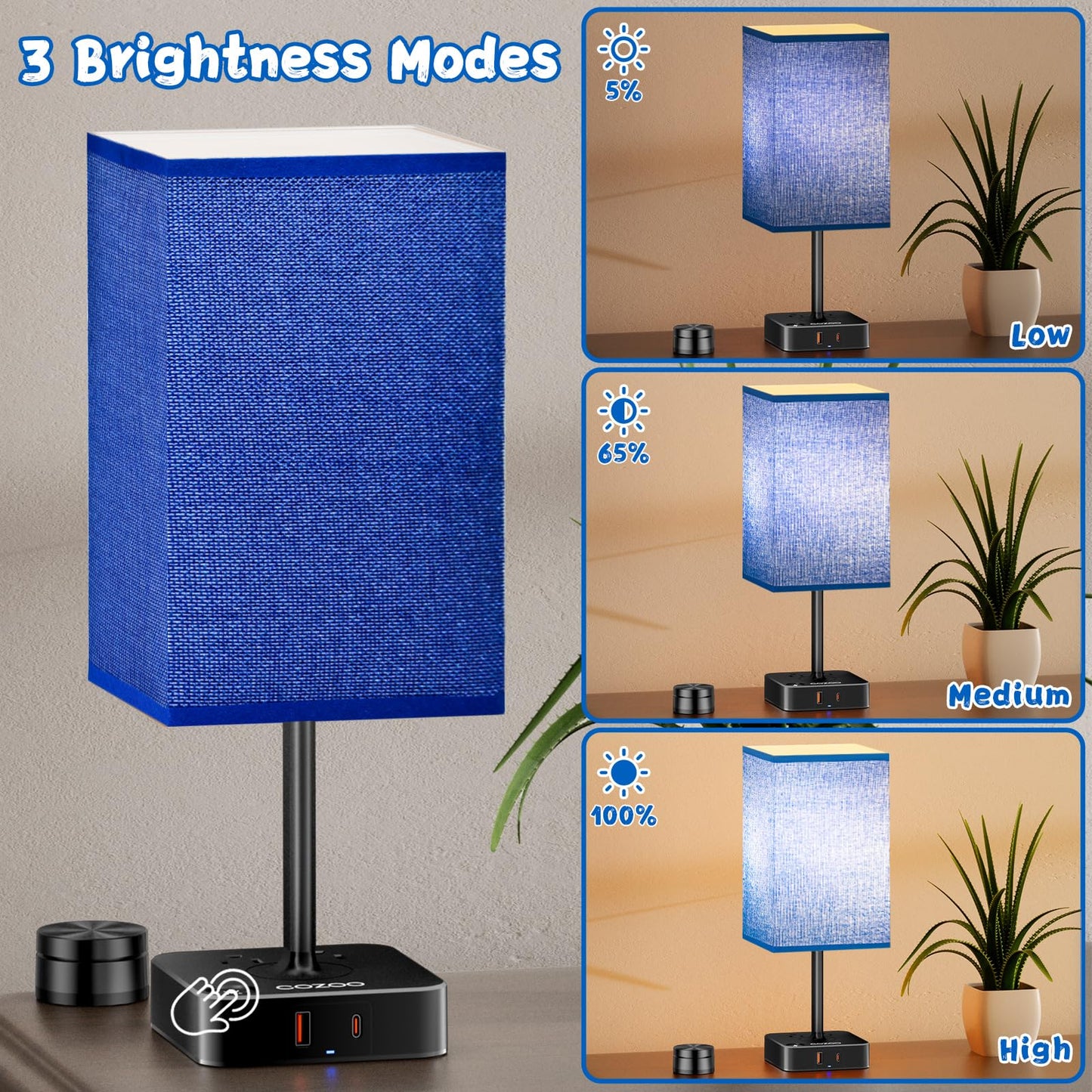Bedside Lamp & Desk Lamp With Remote  Touch Control  Usb-C/A Ports + Outlets | Blue Fabric Shade Nightstand Table Lamp For Bedroom  Living Room Lighting | Cute Modern Boho Lamp With Charging Station