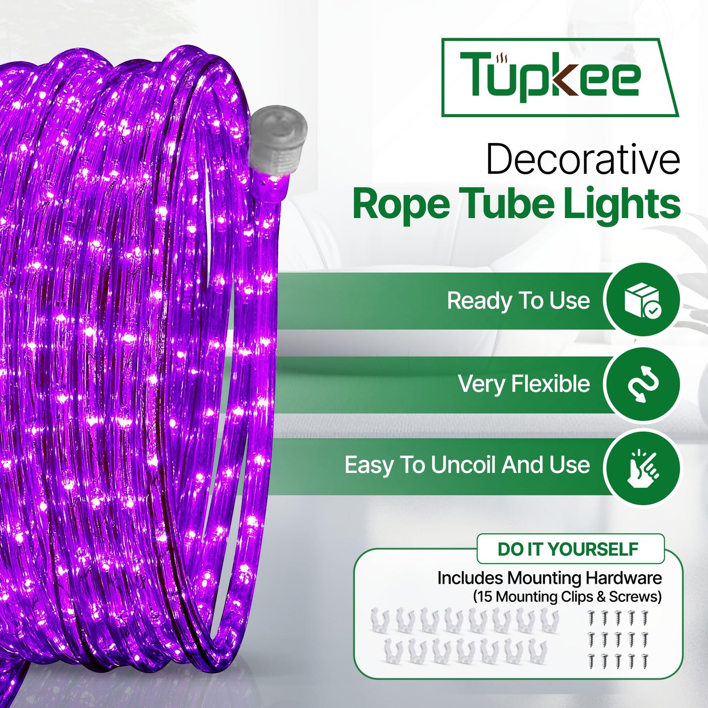Tupkee LED Rope Light - Purple, 24 Feet, 10MM Diameter, 144 Long Life Bulbs, Indoor/Outdoor Use, Model E237798