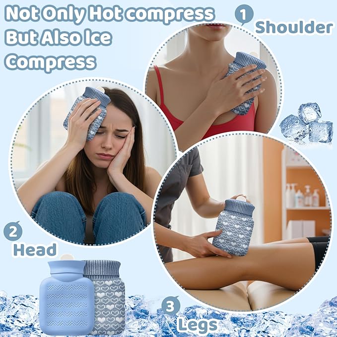 Amylove Mini Hot Water Bottle 320ml for Hot & Cold Compress with Cover Silicone Microwave Heating Small Water Bag for Travel Pain Relief Holiday Gifts(Stone Blue)