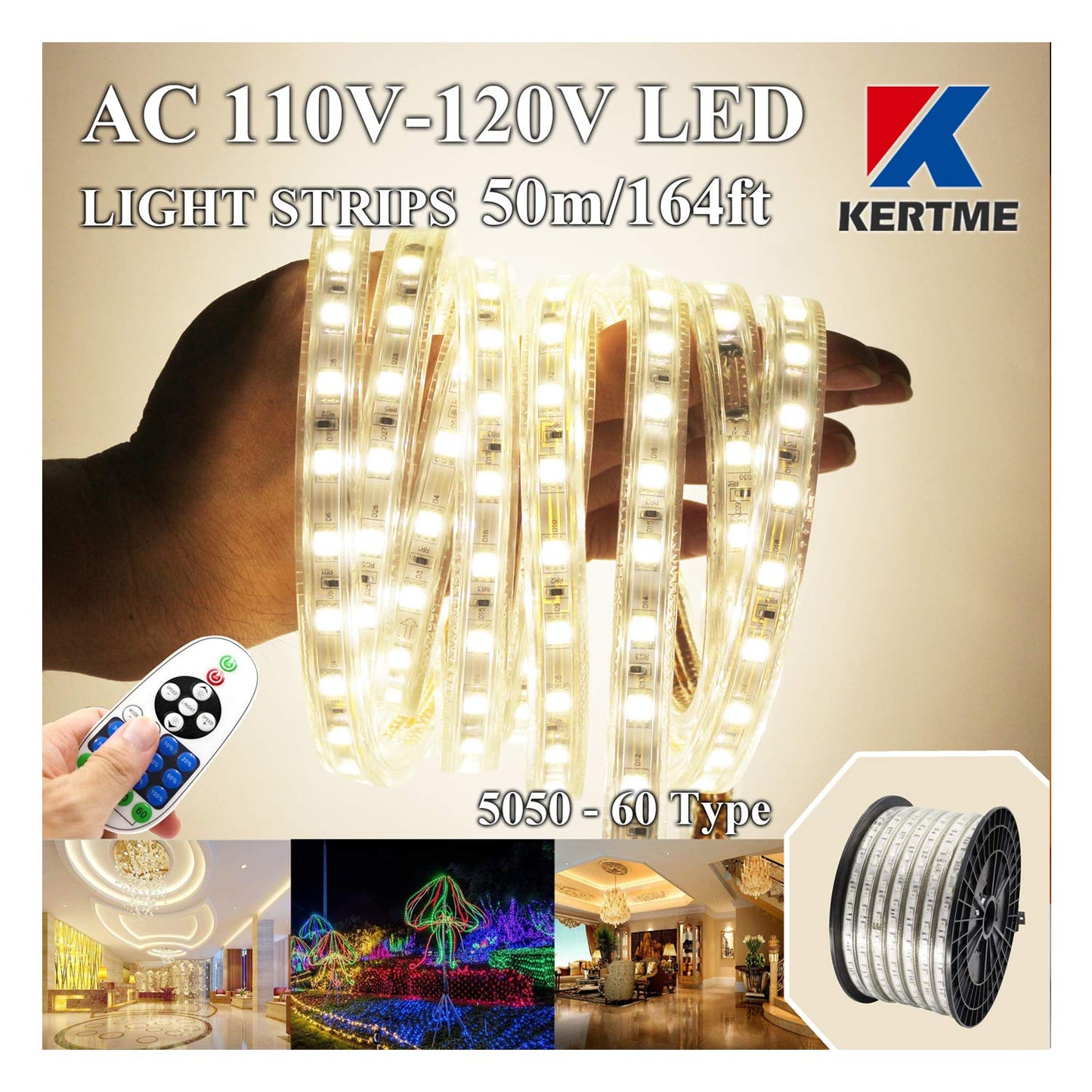 Kertme Led Strip Lights, Waterproof & Dimmable, 50M/164Ft, Natural White 4000K, 23 Keys Remote For Home/Garden/Building Decoration