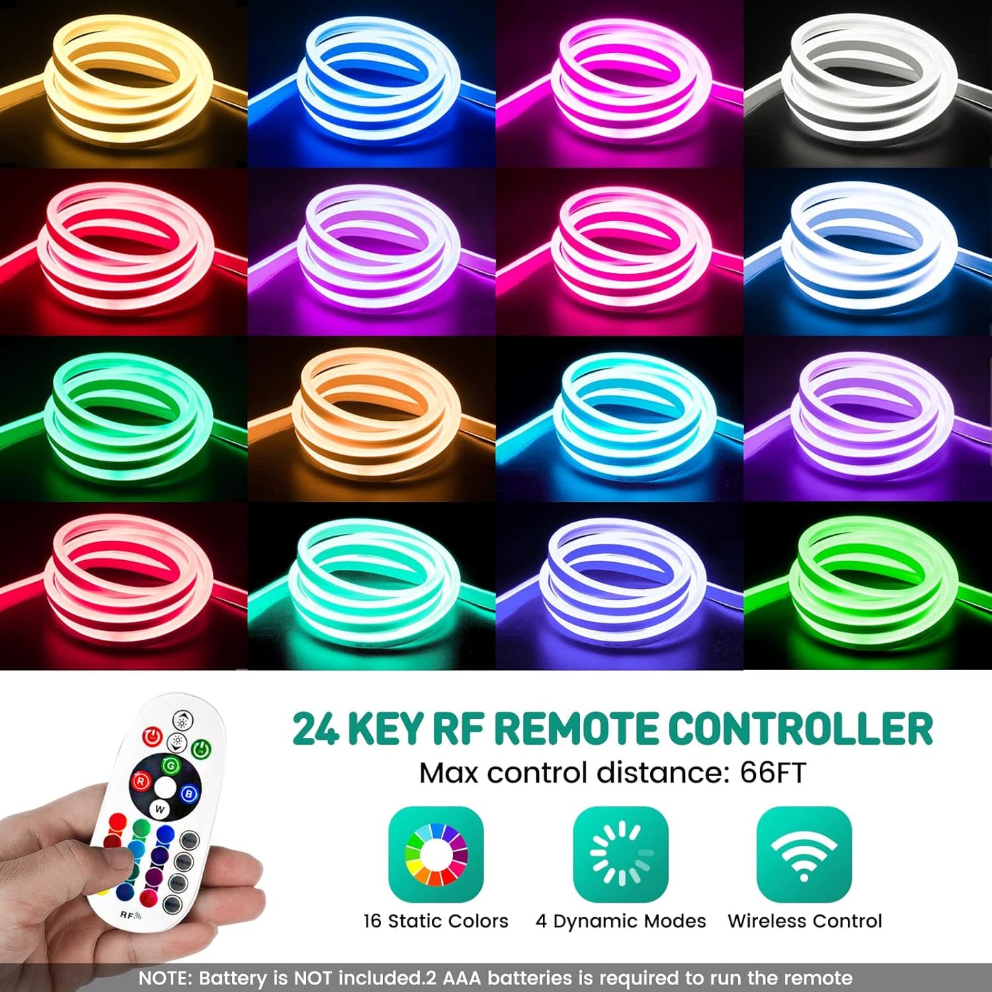 GZBtech RGB LED Neon Rope Lights 133FT/40M, AC 110-120V Waterproof Color Changing LED Rope with Remote Controller, Dimmable Multi Color Neon Rope Lighting for Indoor Outdoor Commercial Use