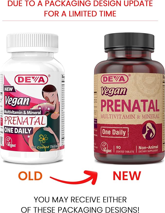 DEVA Vegan Prenatal Multivitamin and Mineral Supplement - Once-Per-Day Formula - Vitamins A, C, D, E, K, B Complex, with Folate & Chelated Iron - 90 Coated Tablets, 1-Pack