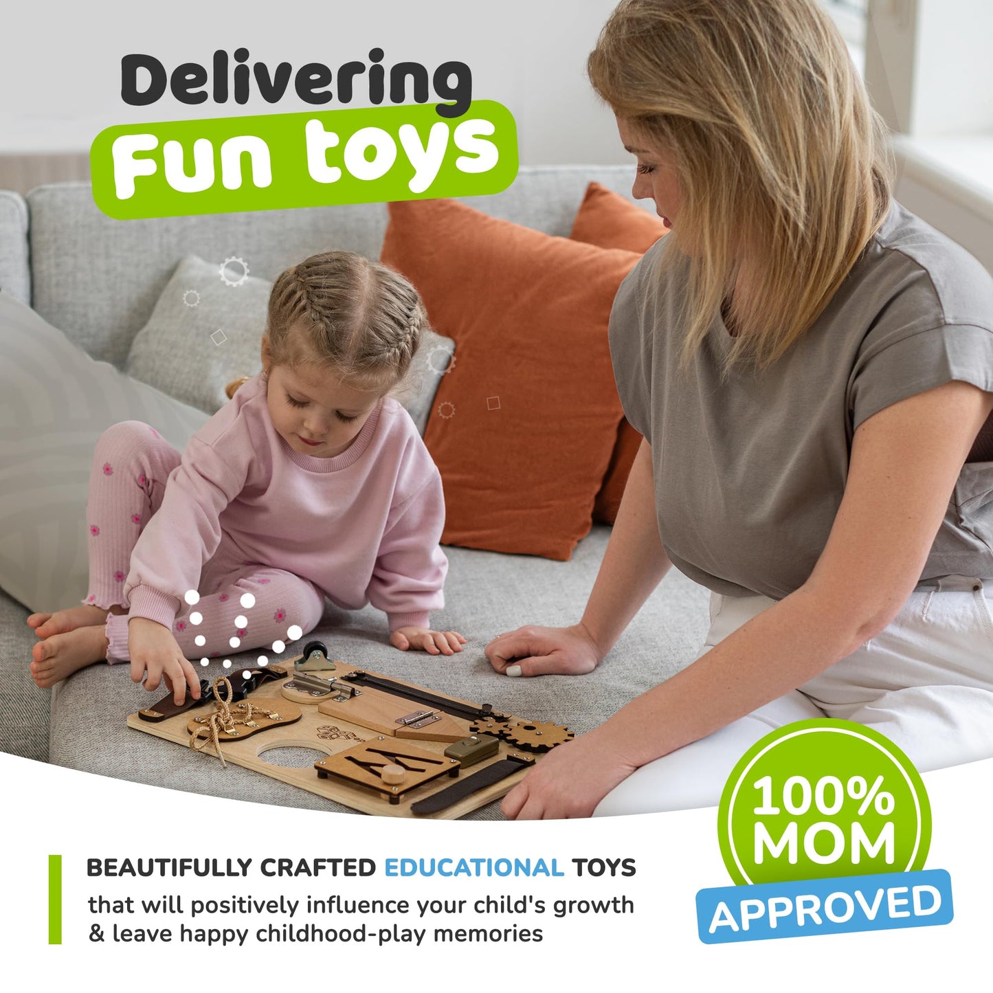Montessori Busy Board for Toddlers, Premium Wooden Toddler Busy Board for 1 2 3 Year Old with 10 Educational Activities for Fine Motor Skills, Sensory Activity Toy for Travel, Gift for Boys & Girls